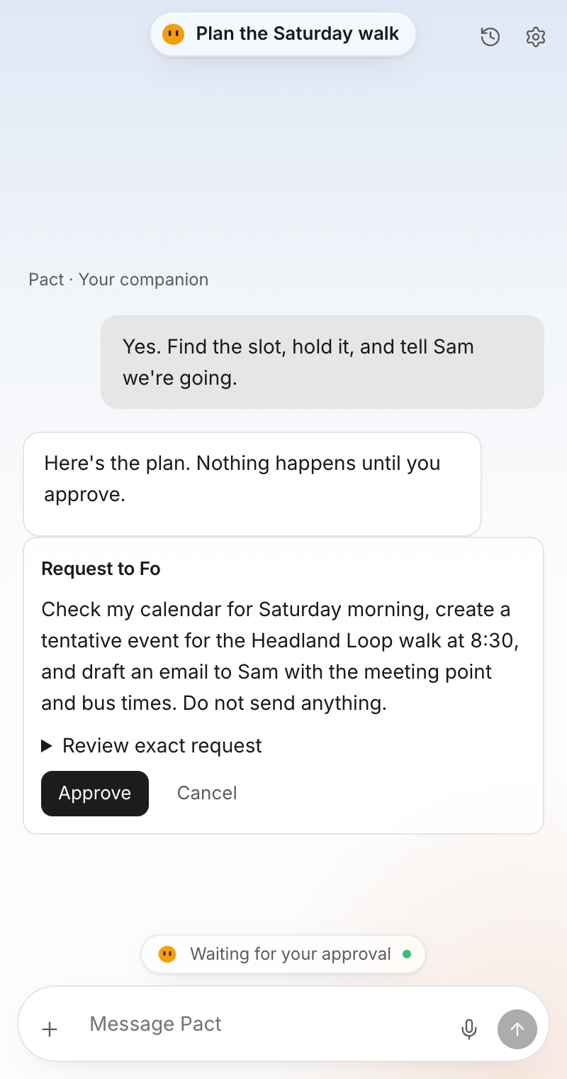 Pact proposing a calendar hold and an email draft to Fo, waiting for approval
